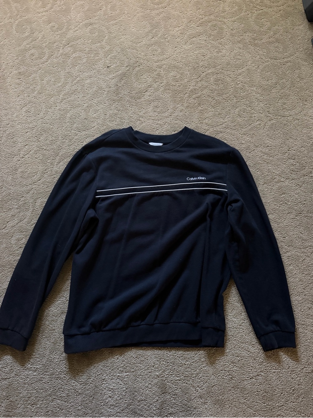 Calvin Klein Men's Black Crewneck Sweater with White Contrast Lines